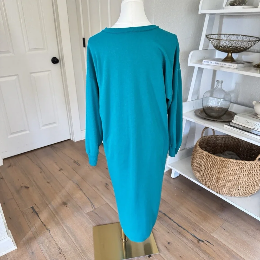 Vtg Appel Teal Sweatshirt Pullover Robe Nightgown Rose Embroidered OSFA/L‎ Boho